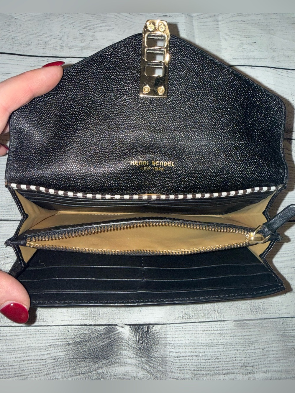 Henri Bendel Black Leather Envelope Wallet - Black